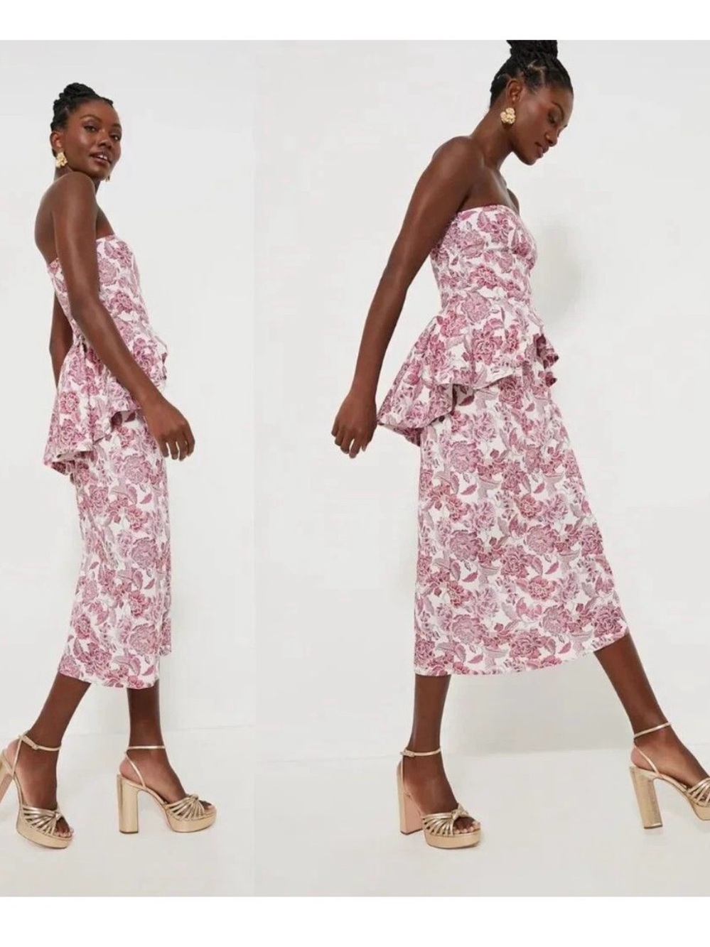 Tuckernuck Strapless Pink Floral Peplum Midi Dress